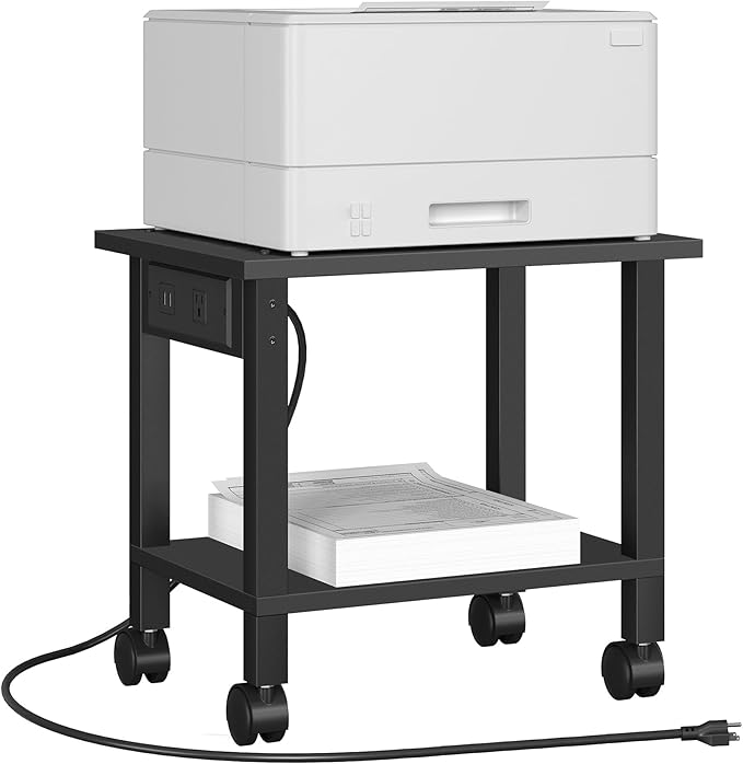 TUTOTAK 2 Tier Printer Stand, Rolling Printer Cart with Power Outlets and USB Ports, Mobile Printer Table with Wheels, for Under Desk, Office, Home, Black PS01BK001