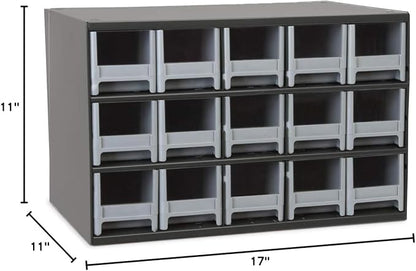 Akro-Mils Steel Garage Storage Cabinet, Small Parts Organizer Metal Cabinet for Hardware, Nails, Screws, Bolts, Nuts, and More, 17" W x 11" D x 11" H, 15-Drawer, Gray Cabinet/Gray Drawers (19715)