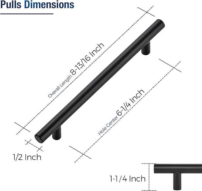 JOY DECOR 3 Pack Cabinet Handles, Black Cabinet Pulls, 6-1/4 in Hole Center Kitchen Hardware, Stainless Steel T Bar Handles for Dresser Drawers