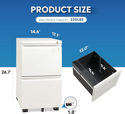 DEVAISE 2 Drawer Mobile File Cabinet with Lock, Commercial Vertical Filing Cabinet for Home Office, White