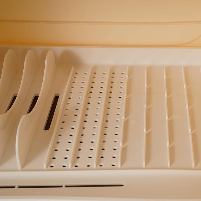 Dish Drying Rack, 2-Tier Plastic Dish Rack for Kitchen Counter with Lid, Kitchen Organizers and Storage Rack with Drainboard and Cutlery Holder for Plates Bowls Cups