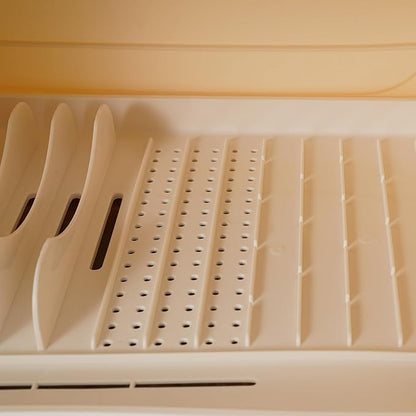 Dish Drying Rack, 2-Tier Plastic Dish Rack for Kitchen Counter with Lid, Kitchen Organizers and Storage Rack with Drainboard and Cutlery Holder for Plates Bowls Cups