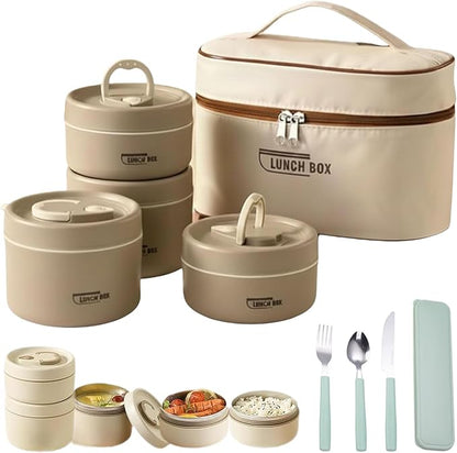 Portable Insulated Lunch Container Set, 4 Tier Separate Stackable Stainless Steel Lunch Container with Insulated Lunchs Bag, Bento Box Hot Food Lunch Containers to Microwave (Brown, 4-Tier)