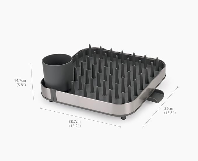 Joseph Joseph Duo Expanding Dish Drying Rack with Removable Silverware Holder, Draining Spout, Stainless Steel