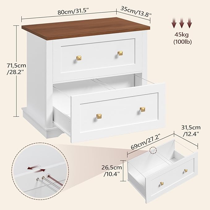 2 Drawers Lateral File Cabinet, Farmhouse Wooden Filing Cabinet, Printer Stand for Home Office, Office Storage Cabinet for A4/Letter-Size Hanging Files,White and Walnut FCBA8001