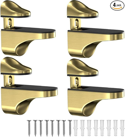 Adjustable Wood/Glass Shelf Bracket Wall Mount, Gold, 4 Pack