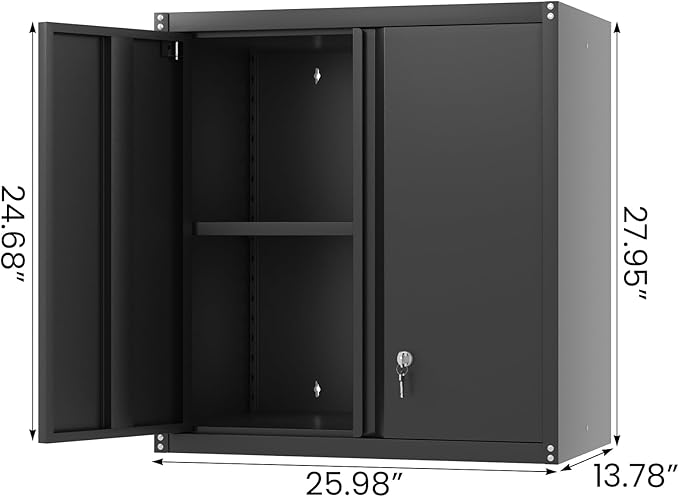 LUCYPAL Garage Storage Cabinet,27.95" H Metal Wall Cabinet with Locking Doors and Adjustable Shelves,Steel Garage Wall Mounted Cabinets for Home Office,Kitchen,Basement,Black
