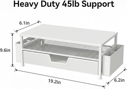 Desk Organizer and Accessories, 2-Tier Computer Monitor Stand Rise with Storage Drawer & 2 Pen Holders, Laptop & Printer Stand for Desktop, Workspace Organizers for Office Supplies (White)