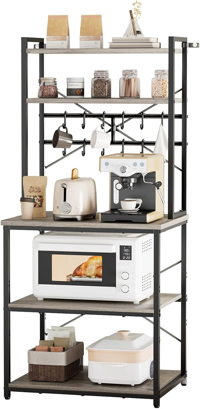 VEVOR Bakers Rack, 23.6 inch Width Microwave Stand,Kitchen Stand with X-Shaped Support Bar & 12 S-Shaped Hooks,Kitchen Storage Shelf for Dish Storage, Spice Jars, Coffee Bar Organization