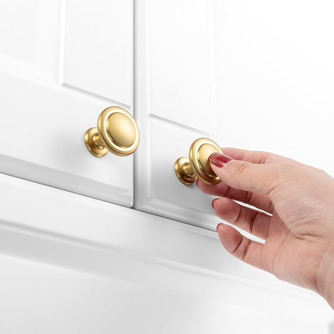 KOOFIZO Round Cabinet Knobs Brushed Gold Cabinet Pulls, Dia. 1-1/4 Inch, 10 Pack Gold Drawer Knobs for Kitchen Cabinets 1960 Drawers Dresser Cupboard Bedroom Bathroom
