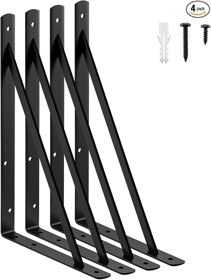 HOME MASTER HARDWARE 16x10 inch Heavy Duty Shelf Brackets, Black Metal Wall Mounted Supports for Shelves, L Shaped Shelf Angle Bracket for Floating Shelves, 4 Pack