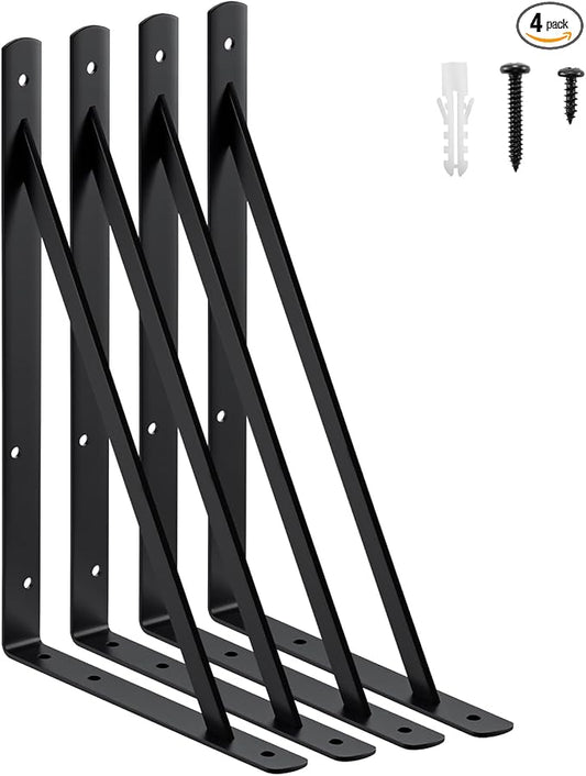 HOME MASTER HARDWARE 16x10 inch Heavy Duty Shelf Brackets, Black Metal Wall Mounted Supports for Shelves, L Shaped Shelf Angle Bracket for Floating Shelves, 4 Pack