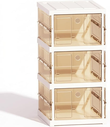 Foldable Collapsible Shoe Box Organizer Rack – 3 Tier Stackable Clear Sneaker Storage Boxes with Lids, Folding Shoe Cabinet Shelf, Plastic Portable Storage Bins with Easy Assembly for Closet Entryway