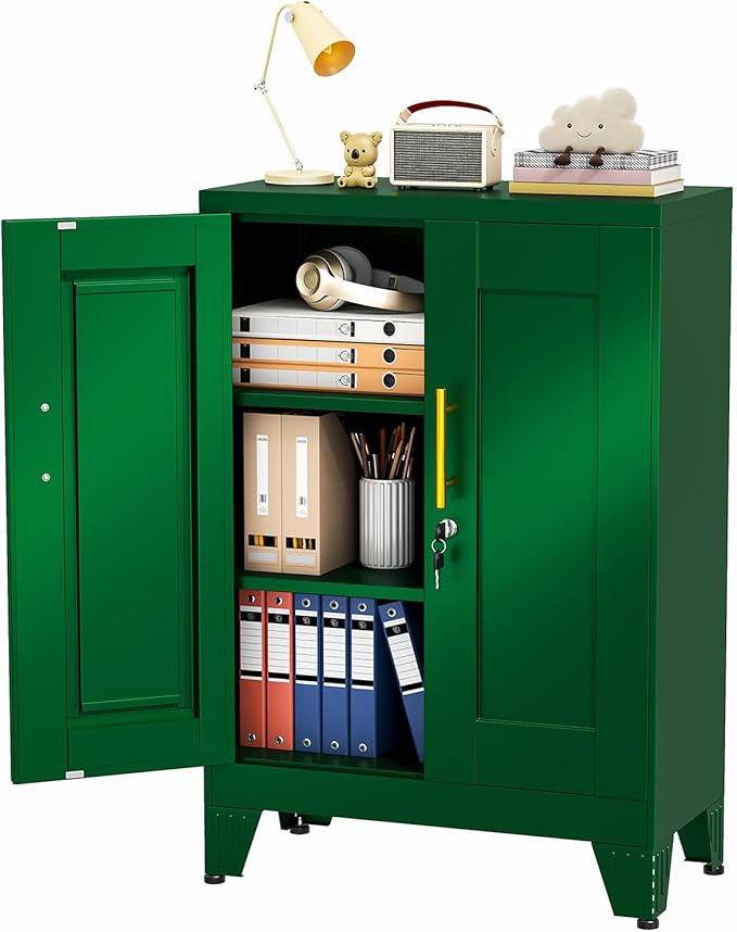 35.43" Lockable Metal Storage Cabinet, Steel Locker File Cabinet with 2 Doors ＆ 2 Adjustable Shelves, Multi-Purpose Organizer for Home, Office File Storage & Garage Locker (Green)