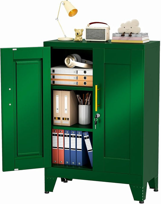 35.43" Lockable Metal Storage Cabinet, Steel Locker File Cabinet with 2 Doors ＆ 2 Adjustable Shelves, Multi-Purpose Organizer for Home, Office File Storage & Garage Locker (Green)