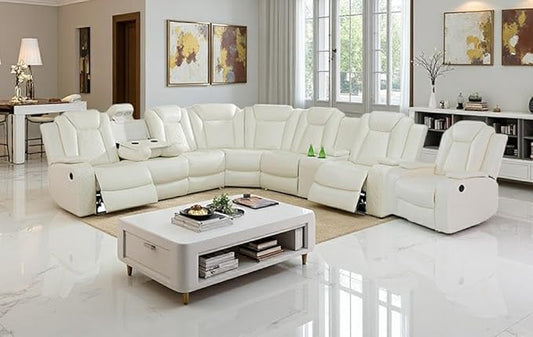 Ivory White Breathing Leather Power Reclining Sectional Sofa Set, Leather Recliner Sofa with LED Light, Living Room Furniture Sets with Storage Console/Cup Holder/USB Port for RV/Home Theater