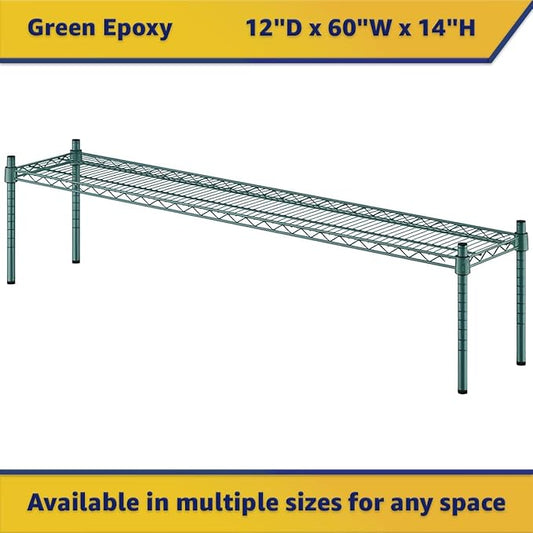 12" x 60" x 14" Green Epoxy Wire Storage Shelf, Dunnage Rack, Commercial 1 Tier Small Shelf