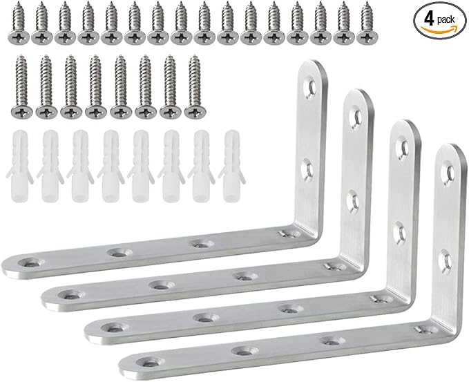 Alise Floating Shelf Brackets,L Brackets for Shelves Heavy Duty Shelving Bracket Stainless Steel Corner Brace Angle Brackets for Wood,5x3 Inch Wall Bracket,Pack of 4,Brushed