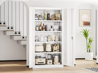 Bonusall Garage Cabinet with Lockable Door,2 Door Metal Tool Cabinets with 4 Adjustable Shelves,Locking Steel Cabinet for Home Office, Warehouse，School(White)