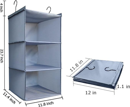 Hanging Closet Organizer and Storage 3-Shelf, Easy Mount Foldable Hanging Closet Wardrobe Storage Shelves, Clothes Handbag Shoes Accessories Storage, Washable Oxford Cloth Fabric, Gray