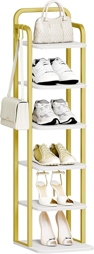 6 Tiers Vertical Shoe Rack, Narrow Shoe Tower, Tall Shoes Shelf with 2 Hooks, Adjustable Shelves, Corner Shoes Shelves for Small Spaces, Entryway, Living Room, White Gold SR04213A