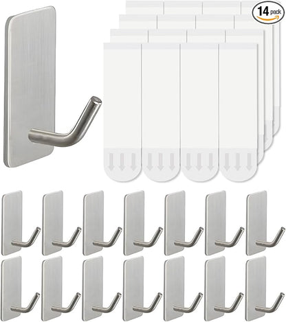 14 Pcs Towel Hooks with Removable Strips for Hanging, Adhesive Wall Hooks Heavy Duty, Outdoor No Damage, Sticky Hook for Bathrooms, Shower, Stockings, Decor, Robe, Small, Silver 304 Stainless Steel