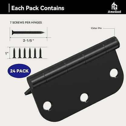 Door Hinges Matte Black - 24 Pack Black Door Hinges 3.5 Inch Rounded Interior Door Hinge with 5/8" Radius Corners - Black Hinges for Doors 3 1/2 Inches Flat Iron Residential Door Hardware