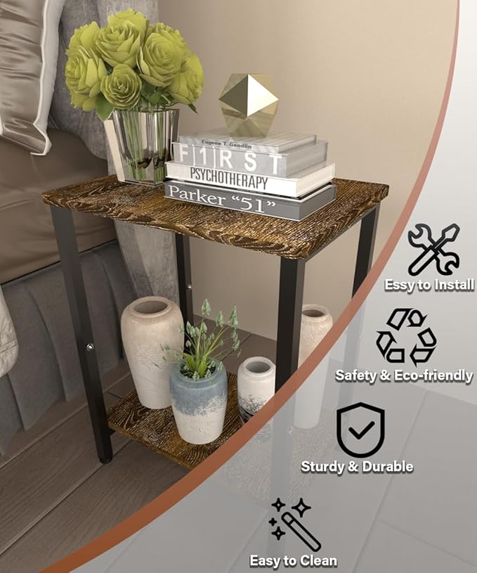 2 Tier Side Table, Heavy Duty End Table with Shelves, Narrow nightstand Table for Small Spaces, Record Player Table for Bedroom, Living Room, Sofa Couch - Rustic Brown & Black