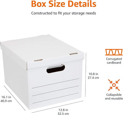 Amazon Basics Medium Duty Storage/Filing Boxes with Lid and Handles, Legal/Letter Size, 12-Pack, White, 16.2" L x 12.5" W x 10.5" H