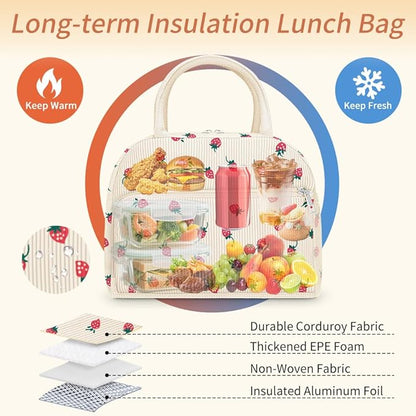 Coobiiya Corduroy Lunch Bag Lunch Box for Women Men, Cute Strawberry Lunch Tote Bags Insulated Reusable LunchBox Large Capacity Cooler Bag for Work Travel Picnic