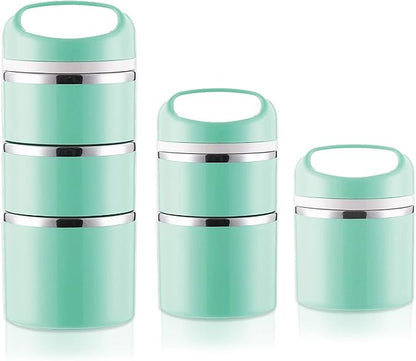 Lille Home Stackable Stainless Steel Thermal Compartment Lunch/Snack Box, 3-Tier Insulated Bento/Food Container with Lunch Bag, Utensils Set and Three Extra Seals, 43OZ