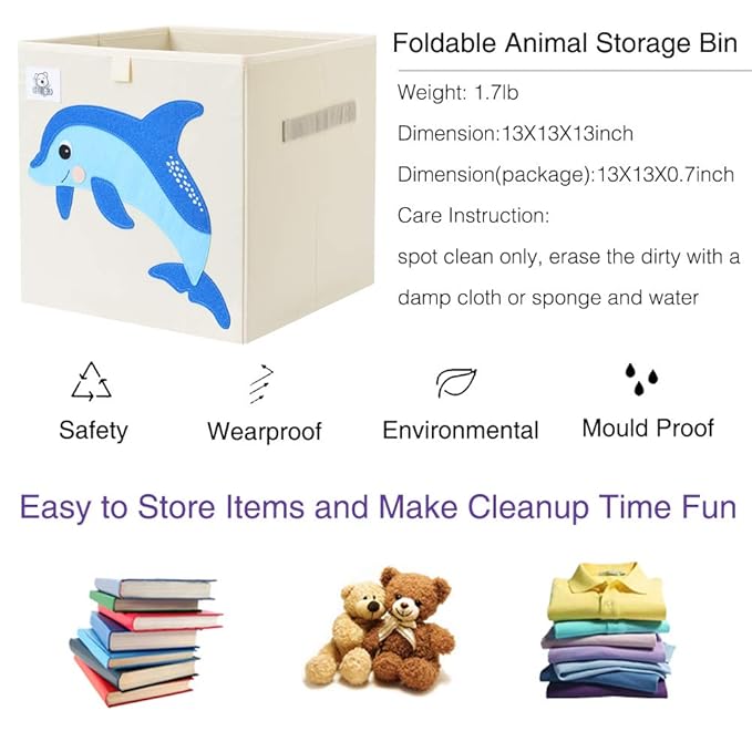 CLCROBD Foldable Animal Cube Storage Bins Fabric Toy Box/Chest/Organizer for Toddler/Kids Nursery, Playroom, 13 inch (Dolphine)