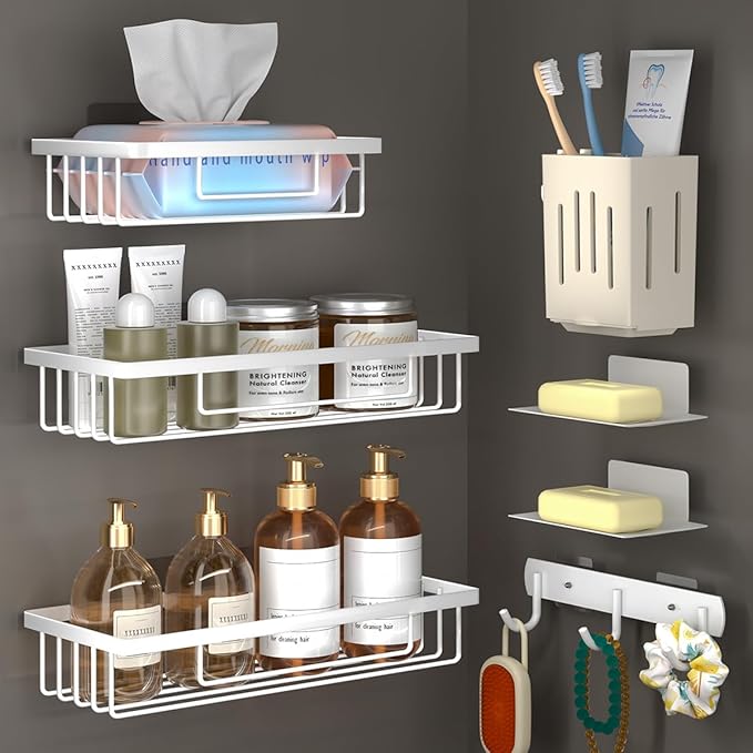 Wall Mounted Bathroom Organizer Set, White, 3-Tier Storage Basket Shelves with Soap Holder, Toothbrush Cup, Hooks for Toiletries, Adhesive Installation