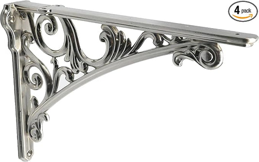 Decorative Shelf Bracket 6 inch, Brushed Nickel Brackets for Shelving, Heavy Duty Vintage, DIY Projects, Hardware Included, 4 Pack, 5.9x4.17x1.73 inch,Baroque Style