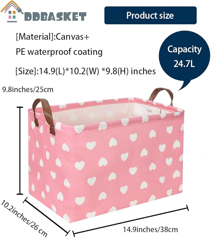 Rectangular Pink Baskets,Heart Basket,Pink Girls Basket Kids Storage Bin Baby Toy Organizer Box Love Room Decor for Home(Pink Love)