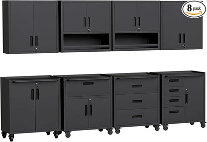 Black Garage Storage Cabinets System 8PCS Workshop Set with Drawers Locking Heavy Duty Rolling Cart with Adjustable Shelves Garage Tool Workbench Cabinets