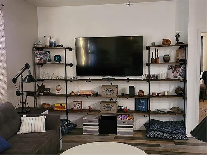Industrial Wall Mount Iron Pipe Shelf Bracket,Vintage Retro Black DIY Open Bookshelf, Storage Shelves, Ceiling hung Shelves for Home Kitchen Office(2PcsX5Tier,70" Tall,12"deep,Hardware Only)