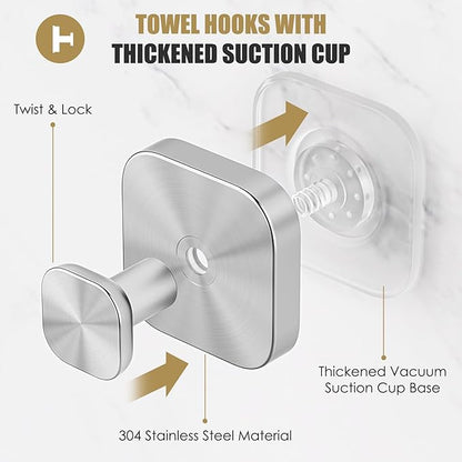 BKV Suction Cup Hooks for Shower,Heavy Duty Shower Hooks for Bathroom Wall,Glass Windows,Smooth Doors to Hang Towels,Robes,Coat,Reusable Suction Cup Wreath Hanger for Christmas Wreaths-Silver(2 Pack)