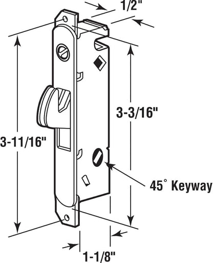 Prime-Line E 2014 Mortise Lock - Adjustable, Spring-Loaded Hook Latch Projection for Sliding Patio Doors Constructed of Wood, Aluminum and Vinyl, 3-11/16 In., 45º Keyway, Round Face (Single Pack)