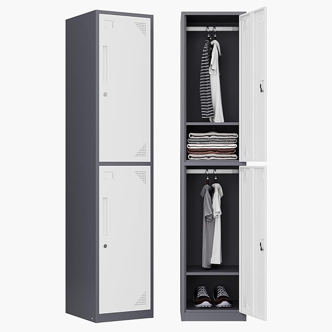 Letaya Metal Locker 2 Lockable Door,71" Tall Steel Storage Cabinet for School Office Gym Home Employees Staff (2 Door -Grey White)