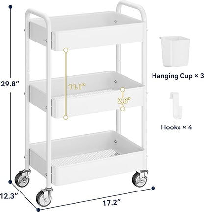 YASONIC Metal 3 Tier Rolling Cart - Heavy Duty Utility Cart with Lockable Wheels, Hanging Cups, Hooks, Mesh Rolling Storage Cart Craft Cart Organizer, Lightweight and Sturdy, White