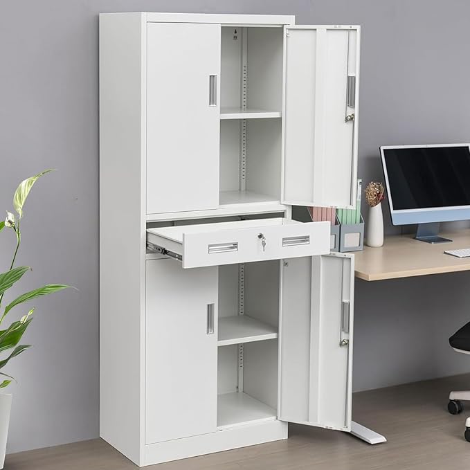 CJF Metal Storage Cabinet with Drawer and Adjustable Shelves, 71" H Locking Storage Cabinet for Pantry Kitchen, Home, Office, Garage, Living Dining Room (White)