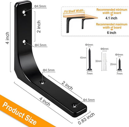Metal Shelf Brackets, 4 x 4 Inch Heavy Duty L Hanging Angle Brackets, Iron Wall Bracket for Countertop Support, Corner Brace Joint, Black, 4 PCS