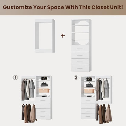 ROOMTEC Modular Closet System, 46" Wall-Mounted Closet Organizer with Drawers and Hanging Rods, Wooden Tower for Walk-In Closets, Wardrobe Storage Kit, White