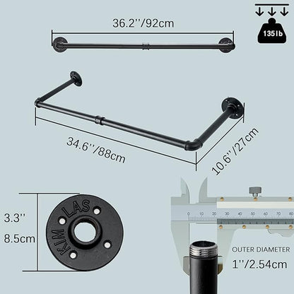 Clothes Rack Wall Mount with 3 Hooks, 36''L Clothing Bar for Wall, Industrial Pipe Clothes Rod, Heavy Duty Iron Garment Rack, Clothes Hanging Rod Bar for Laundry Room Closet Storage