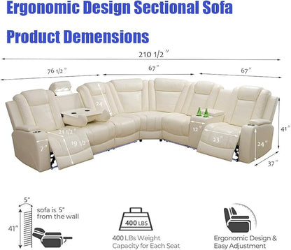 Leather Power Recliner Sectional Sofa, Creamy White Power Recliner Sofa for Living Room, Leather Reclining Sectional Sets, Recliner Loveseat Sets, Cup Holders, Hidden Storage for Home/Office