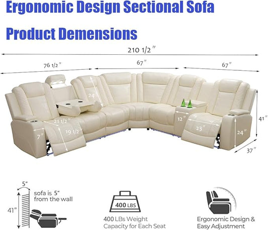 Leather Power Recliner Sectional Sofa, Creamy White Power Recliner Sofa for Living Room, Leather Reclining Sectional Sets, Recliner Loveseat Sets, Cup Holders, Hidden Storage for Home/Office