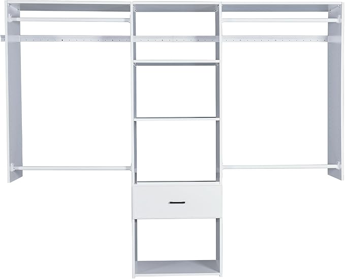 Wall Mounted Closet System, with Hanging Rod and All Hardware Kits, Large Garment Rack Shelves and One Drawer, Need to be Assembled, MDF with White Color for Bedroom and Closet