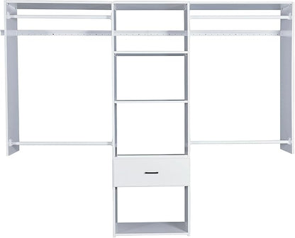 Wall Mounted Closet System, with Hanging Rod and All Hardware Kits, Large Garment Rack Shelves and One Drawer, Need to be Assembled, MDF with White Color for Bedroom and Closet