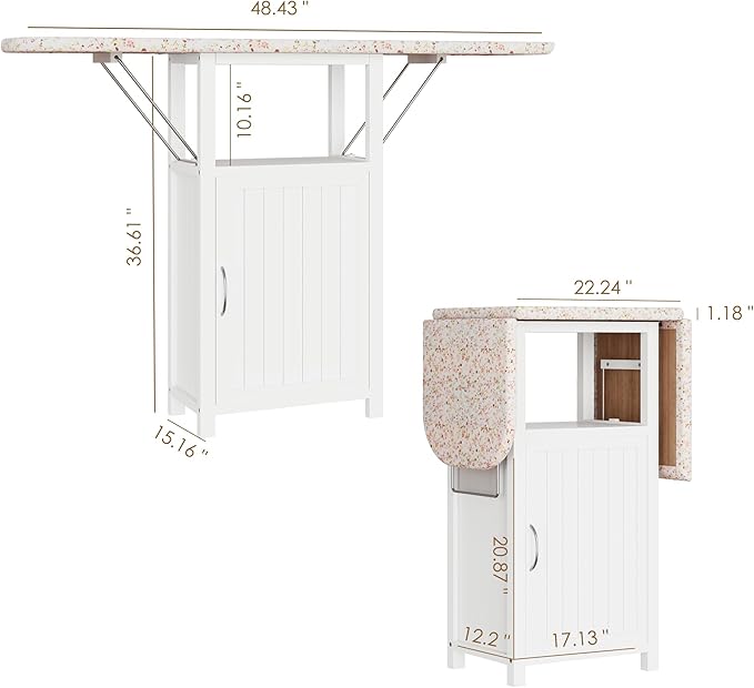 Ironing Board with Storage Cabinet, Folding Ironing Board with Extra Storage, Solid Wood Fold Down Ironing Station with Heat-Resistant Sponge for Small Spaces, Laundry Room (Antique White)